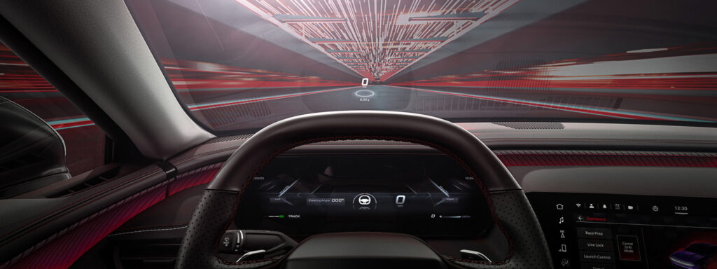 An optional augmented head-up display HUD for the all-new Dodge Charger projects a large field of view with an improved virtual image distance.